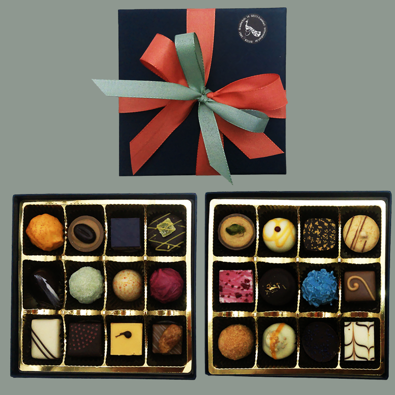 'De Luxe' 24er-Pralinenmischung ohne Alkohol – Geschenkschachtel und alle 24 Pralinen im Überblick
