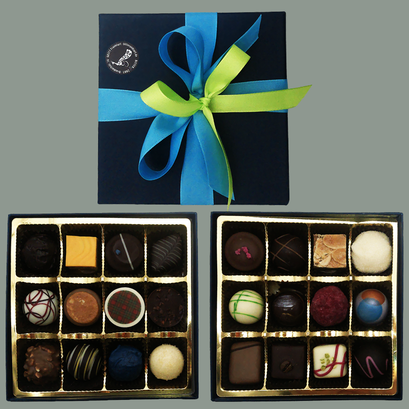 'De Luxe' 24er-Pralinenmischung mit & ohne Alkohol – Geschenkschachtel und alle 24 Pralinen im Überblick