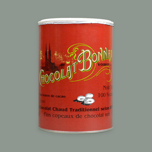 Dose Trinkschokolade von Chocolat Bonnat. 100 % Kakao. Als Schokoladenflocken.
