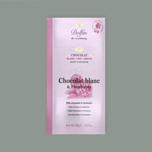 Dolfin Schokoladentafel. Rosa Verpackung. Chocolat Blanc & Frambois. Weiße Schokolade mit Himbeeren