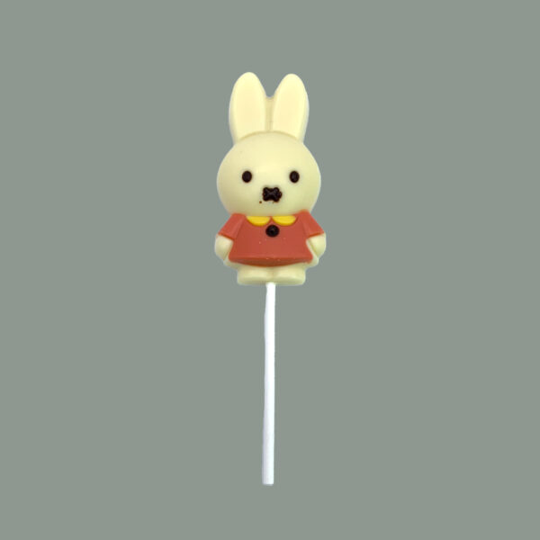 Lolly aus weißer Schokolade in Mini Miffy (Osterhasen Form). Verziert mit gefärbter weißer Schokolade.
