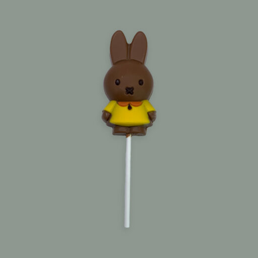 Lolly aus Vollmilchschokolade in Mini Miffy (Osterhasen Form). Verziert mit gefärbter weißer Schokolade.
