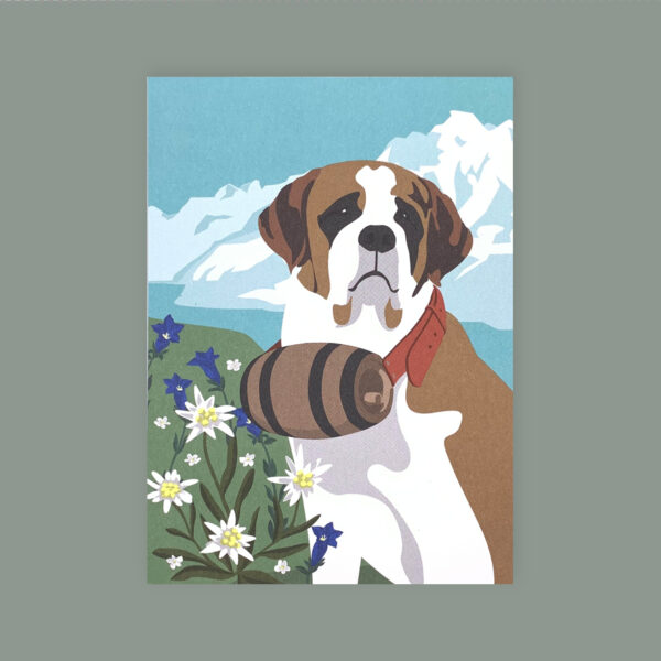 Postkarte. Gezeichnetes Motiv Bernhardiner Hund mit Fass um den Hals auf Wiese mit Enzianblauen und im Hintergrund eine Bergwelt.