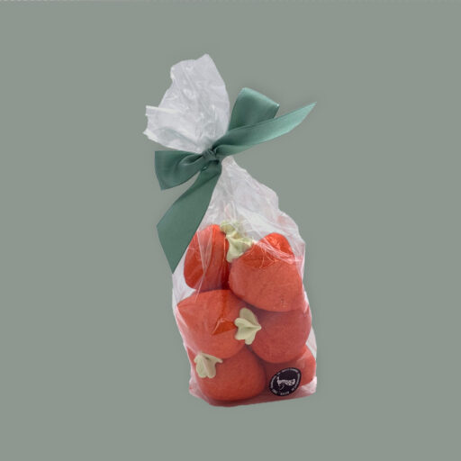 Erdbeeren aus Schaumzucker. Fünf Stück in durchsichtiger Tüte mit großer Grüner Schleife